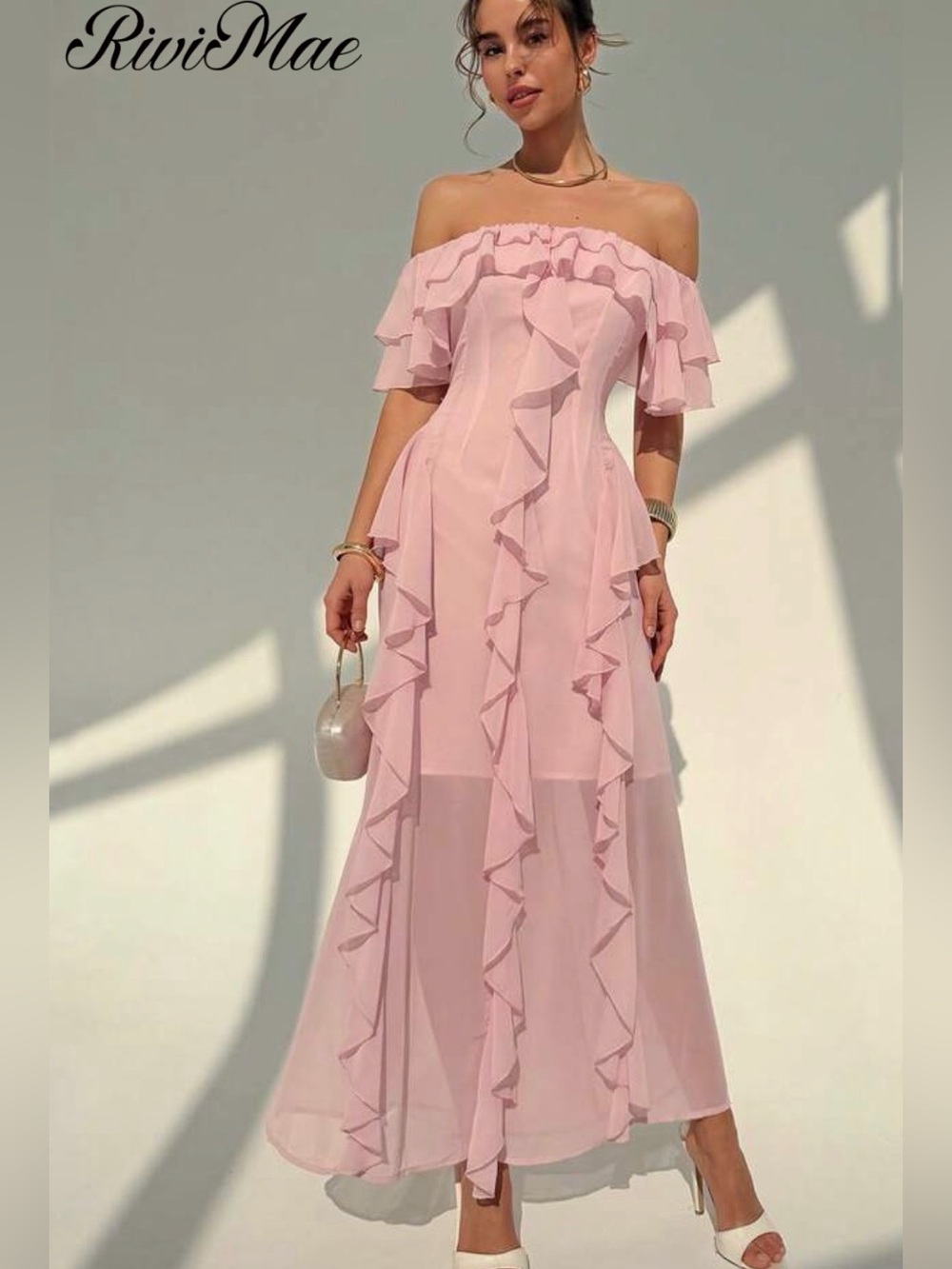 Pink Off-Shoulder A-Line Midi Ruffle Dress L - Picture 1 of 4